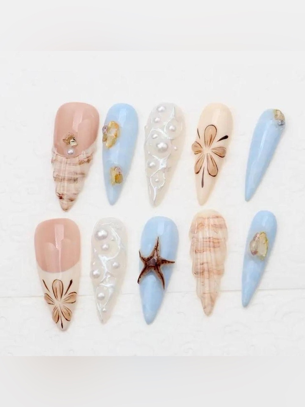 beachy stiletto press on nails 🌊🦪🐚